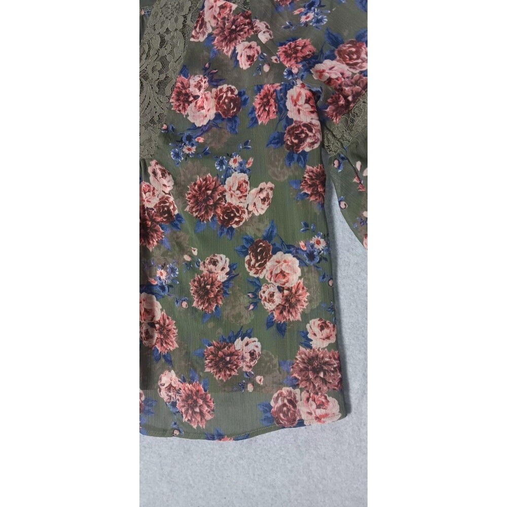 Torrid Chiffon Peasant Lace Inset Long Sleeve Blouse 1 Green Floral Cottagecore - Picture 8 of 13